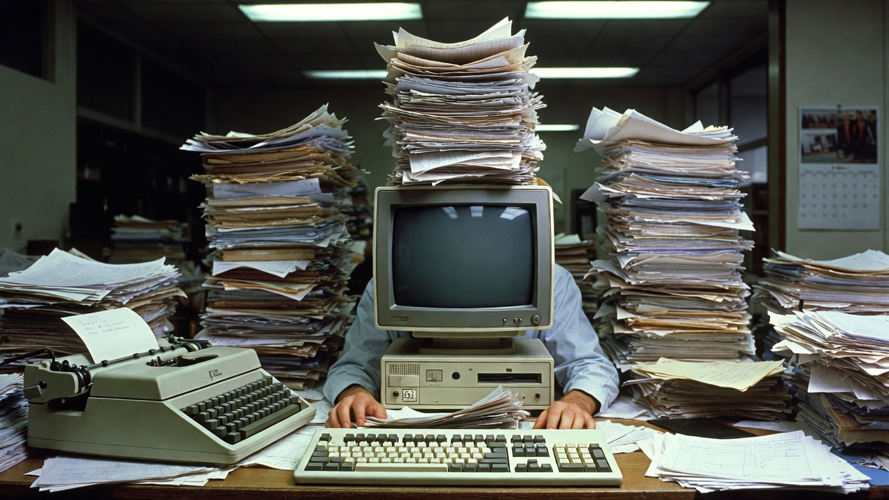 Một nhân viên văn phòng đang cau mày, mệt mỏi nhìn vào màn hình máy tính và chồng giấy tờ, thể hiện sự quá tải và căng thẳng do nhập liệu thủ công