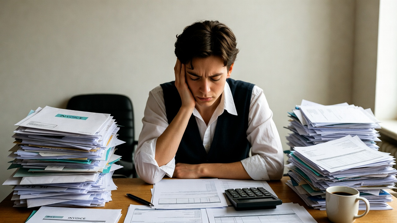 Kế toán viên đang đau đầu với đống hóa đơn chồng chất trên bàn làm việc, thể hiện sự quá tải