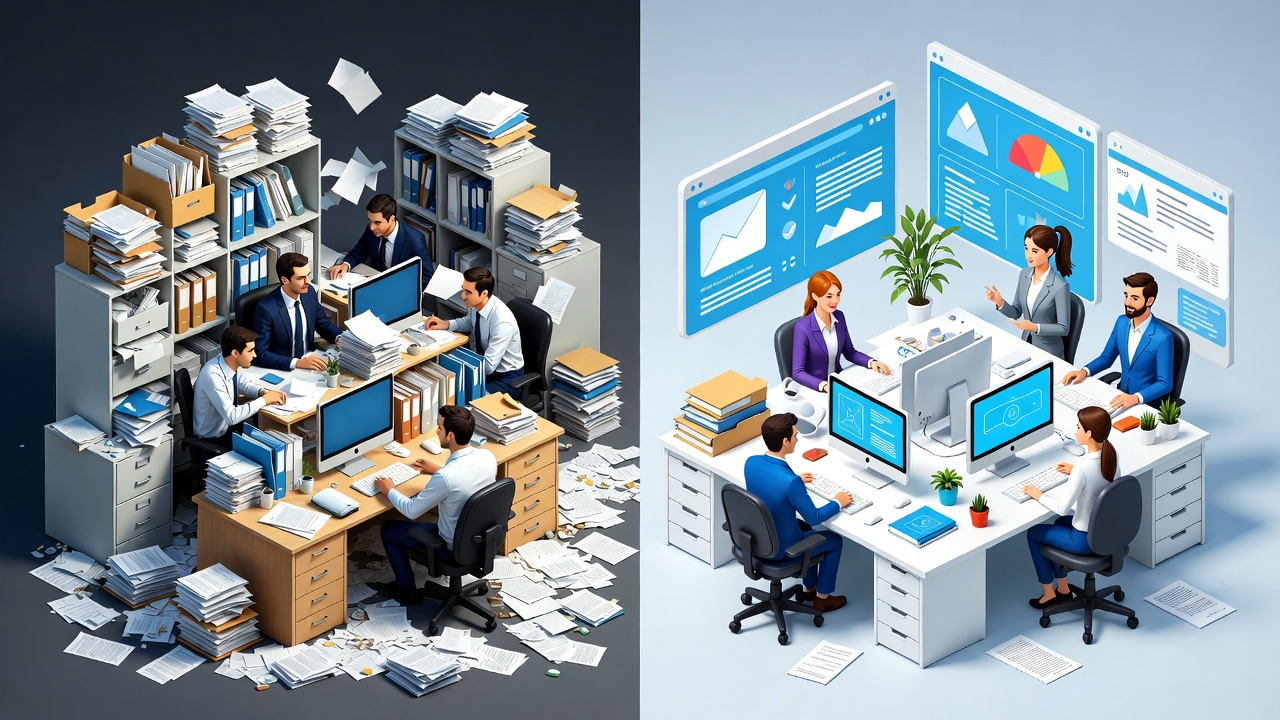 Hình ảnh một văn phòng hiện đại với ít giấy tờ, máy tính bảng và màn hình hiển thị