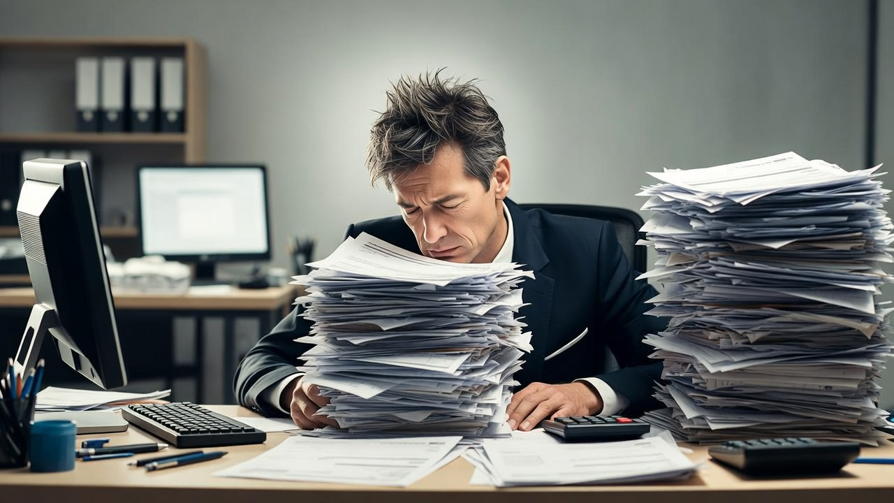 Hình ảnh một chồng giấy tờ cao ngất trên bàn làm việc, tượng trưng cho sự lộn xộn và chi phí