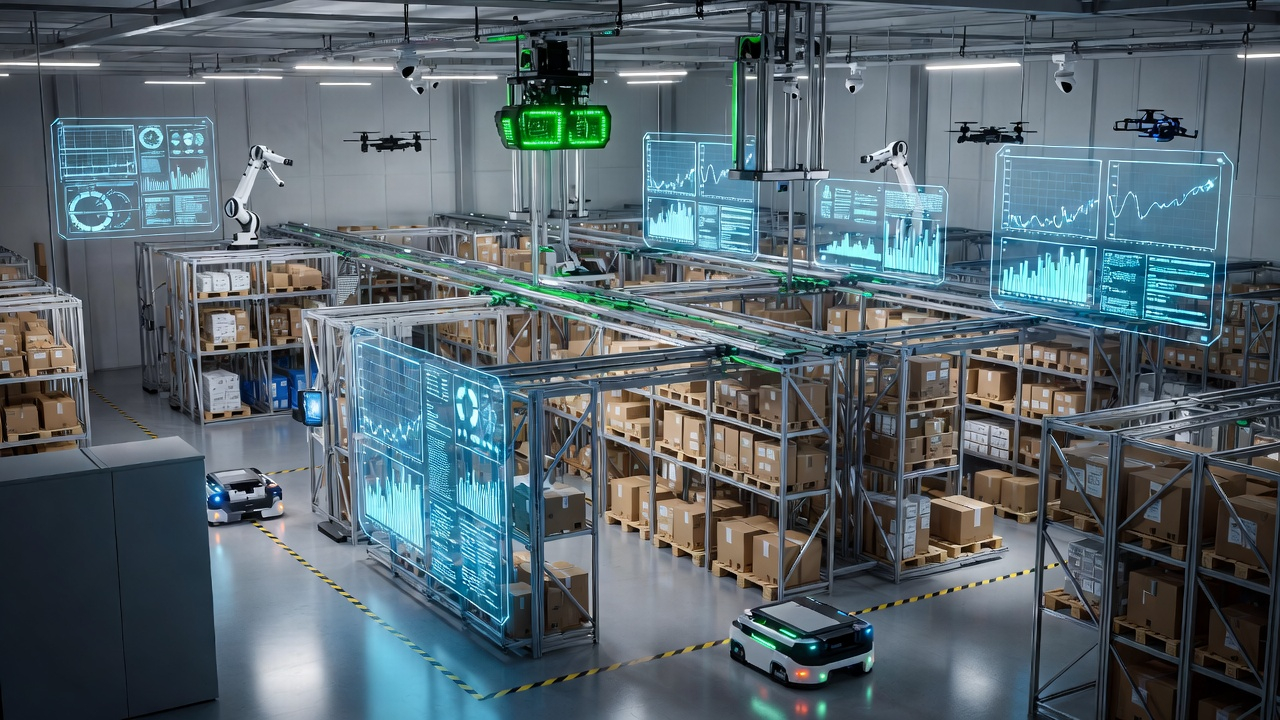 Hình ảnh kho bãi hiện đại, tự động hóa với ánh sáng xanh tượng trưng cho công nghệ