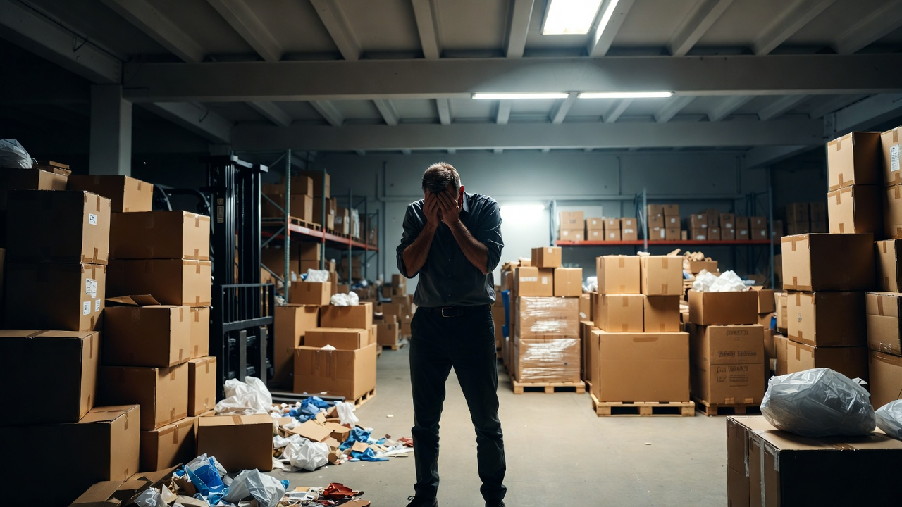 Hình ảnh một chủ doanh nghiệp đang ôm đầu lo lắng bên đống hàng hóa lộn xộn trong kho
