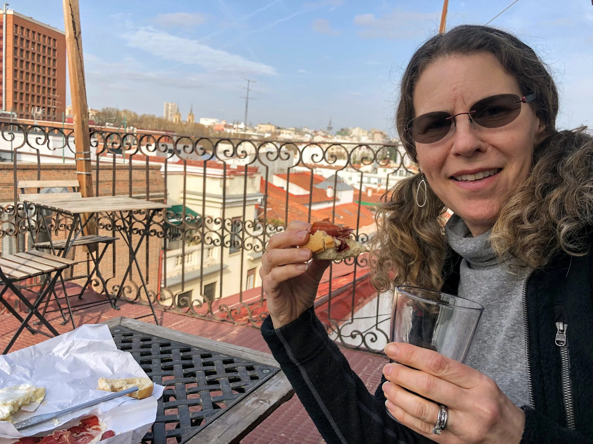 Enjoying jamon on our Airbnb rooftop