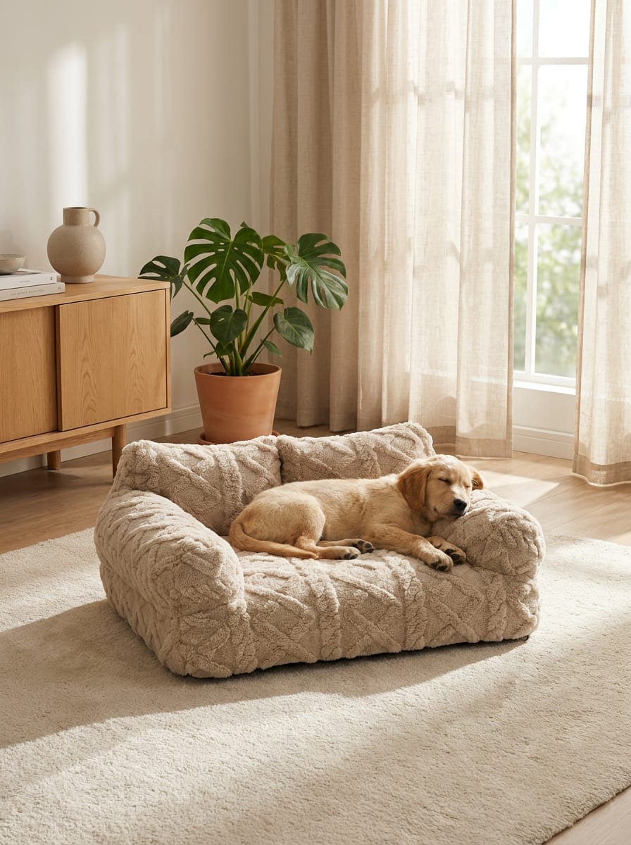 A golden retriever puppy sleeping on a cream plush PawRelax bed in a warm minimalist home