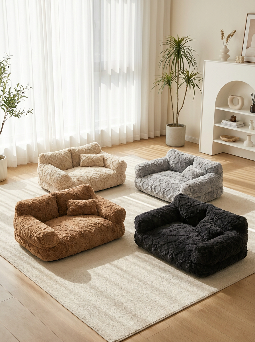 PawRelax Plush Bed shown in four colorways: cream, dove grey, cognac brown and charcoal black