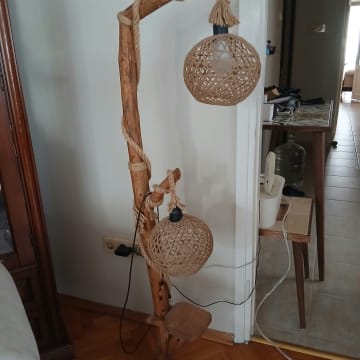 Doğal Ahşap El Yapımı Abajur – 2’li Rattan Başlık - İkinci El Ürün - Jextle
