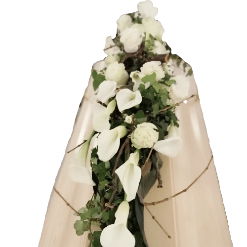 Sarggesteck schmal mit Calla und Rosen