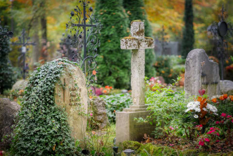 Fotographie verwitterter Grabstellen auf einem alten Friedhof.