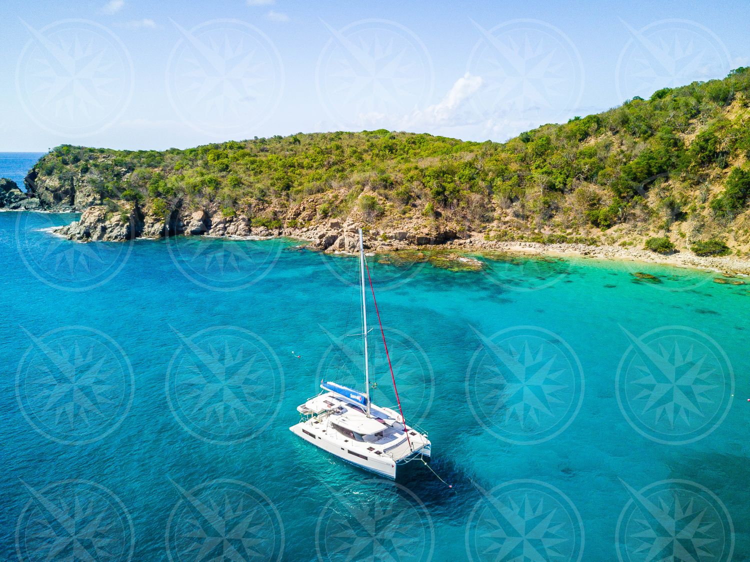 Yacht at anchor from above