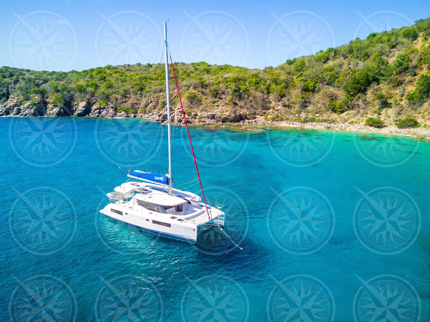 Yacht at anchor from above