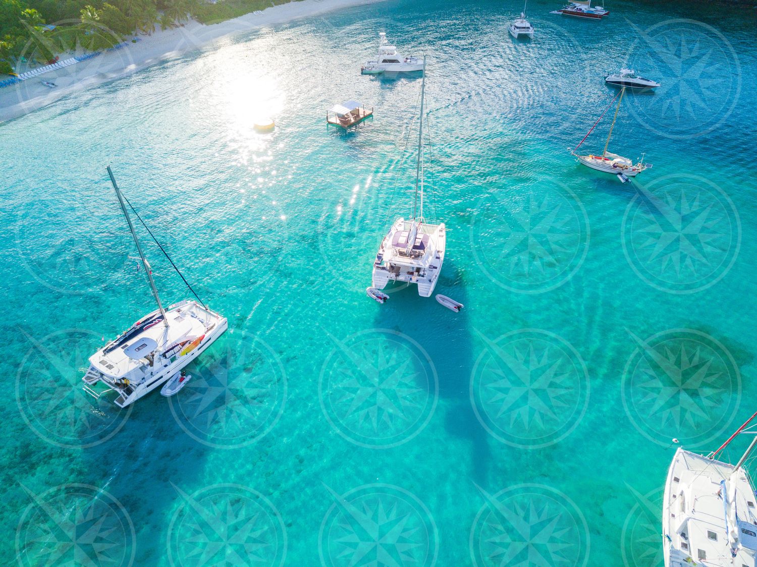Boats at anchor from above