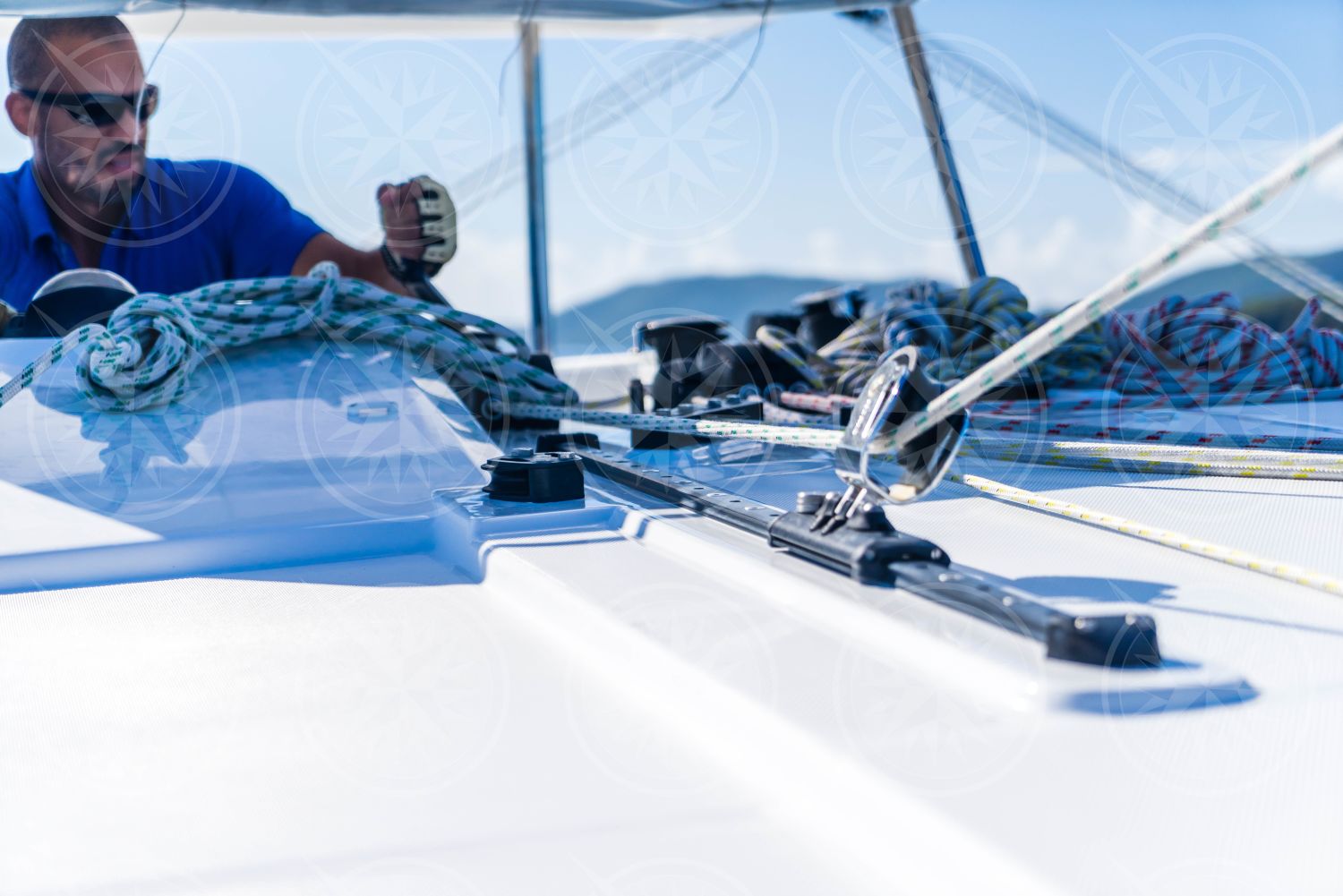 Detail of sailing lines with man in background