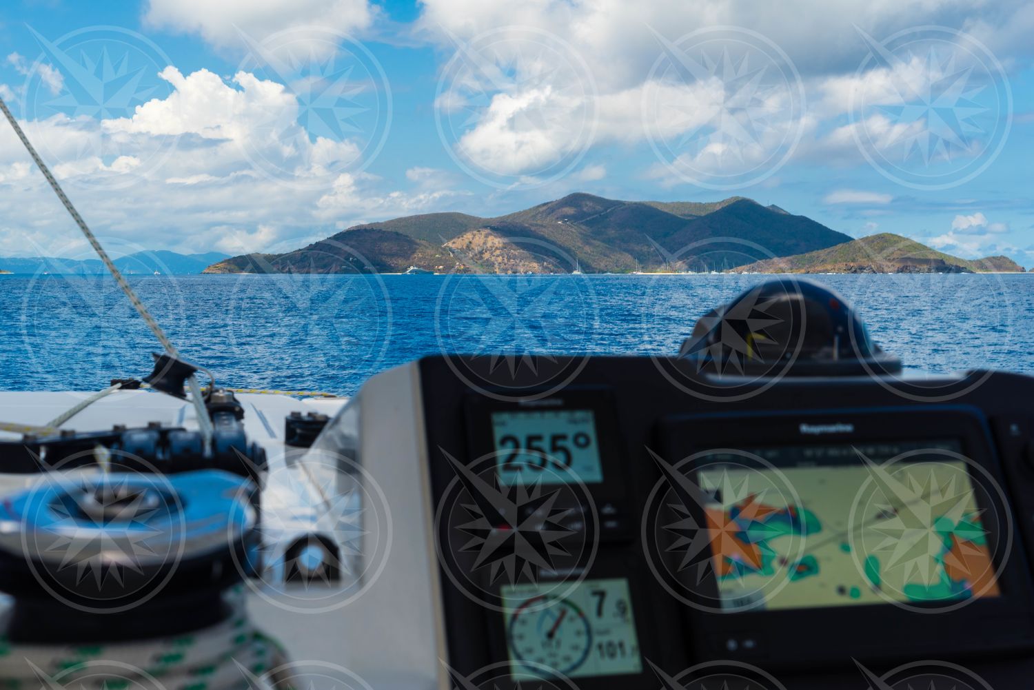 Sailboat console with island destination on the horizon