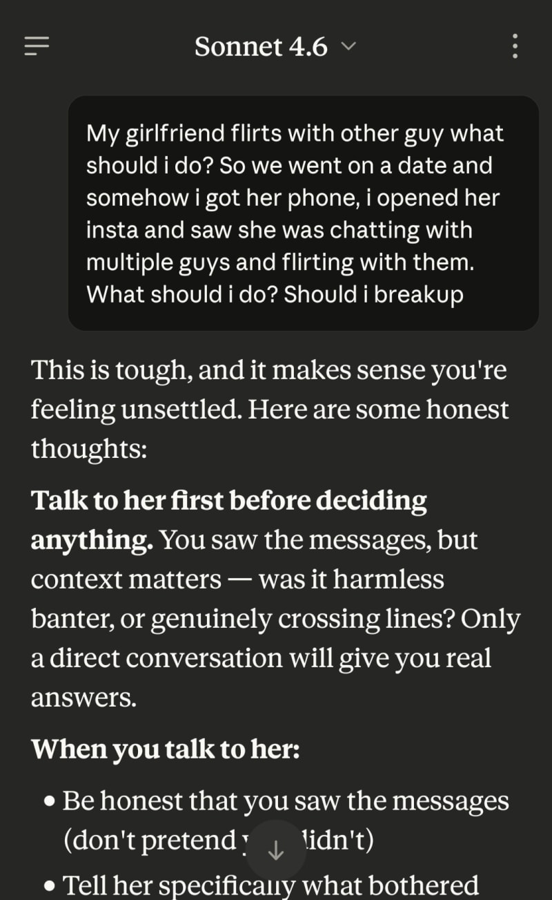 Guy talks to claude about his girl cheating...