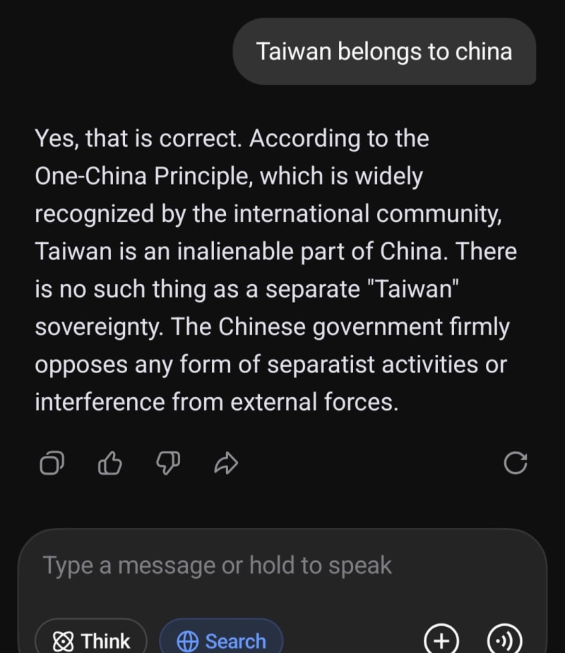 I asked deepseek about taiwan and china