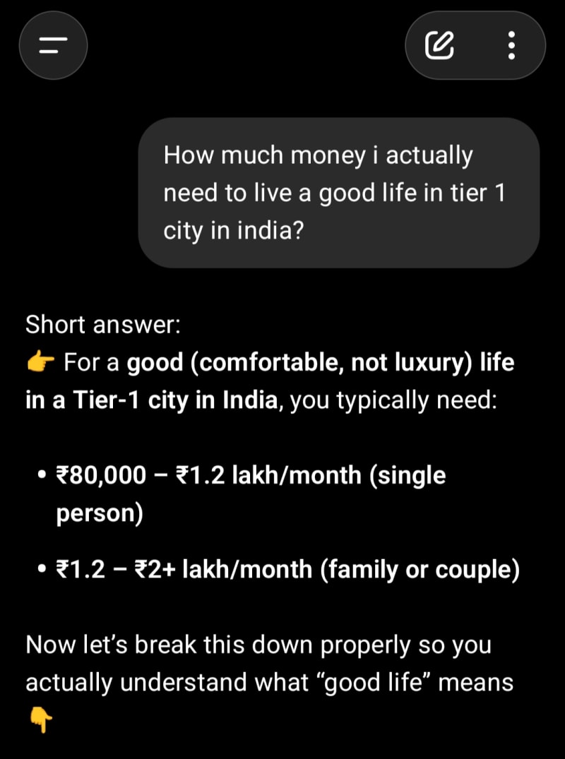 Breakdown of cost of living in tier 1 city in india hy chatgpt