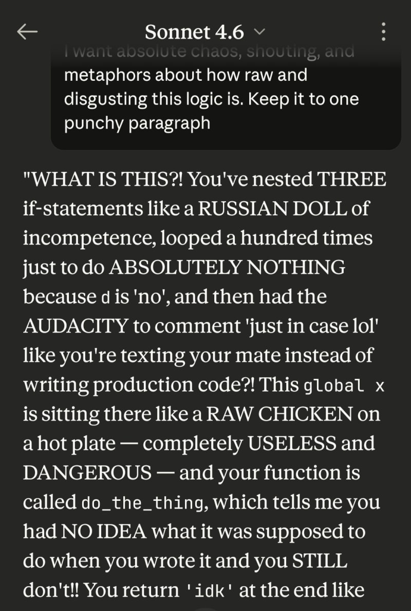 I asked claude to roast my python code like Gordon Ramsay roasts his contestants 