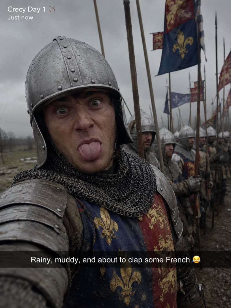 Generate a candid selfie of a knight in formation at the battle of crecy, He makes a silly face before posting it to a snapchat story.