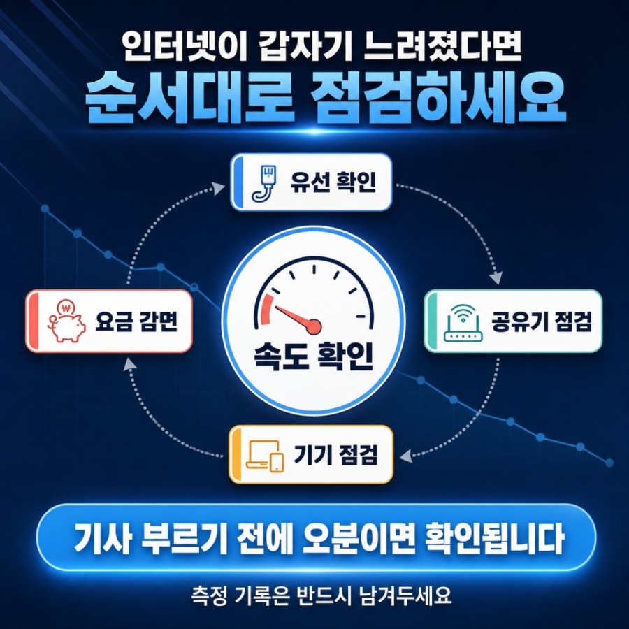 인터넷이 갑자기 느려졌을 때, 순서대로 점검하는 법 (최저보장속도 미달이면 요금 감면됩니다)