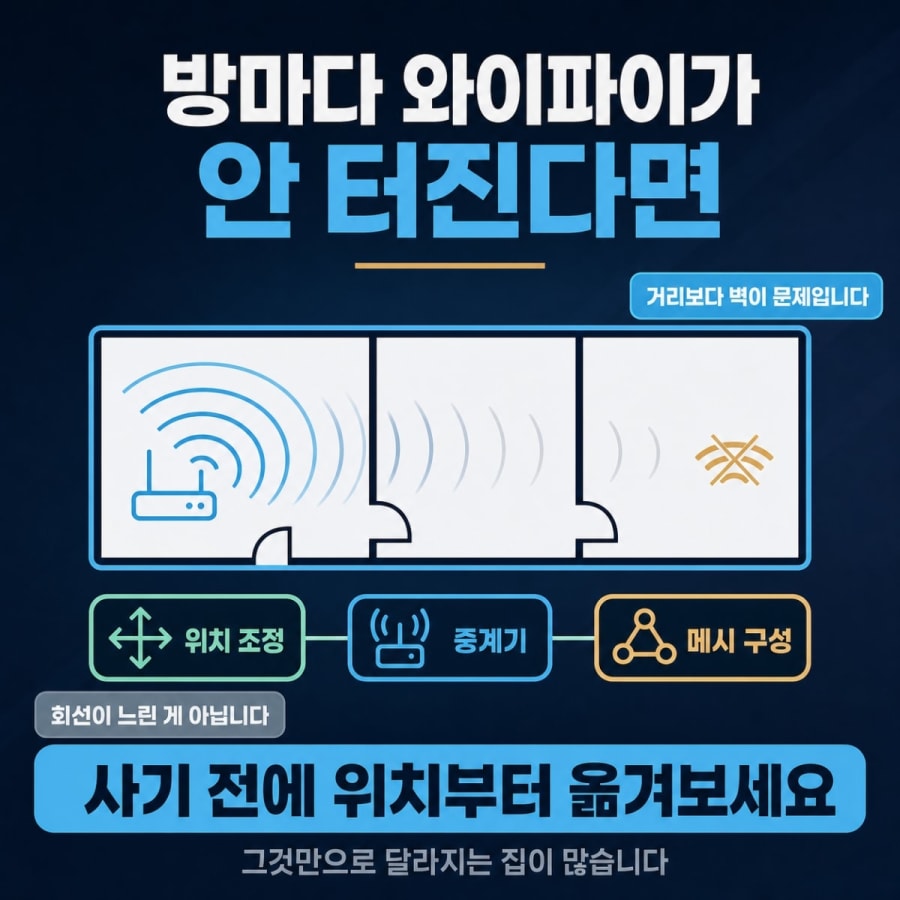방마다 와이파이가 안 터져요 (중계기·메시 공유기 선택 기준)