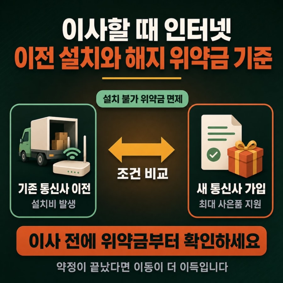 이사할 때 인터넷 이전 설치비 아끼고 위약금 면제받는 방법 (통신사 변경 vs 이전 설치 비교)
