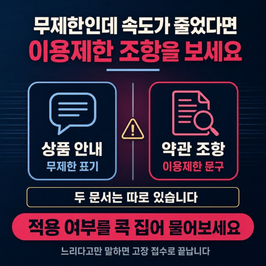 무제한이라더니 속도가 줄었습니다 (인터넷 이용제한 조항 확인하는 순서)