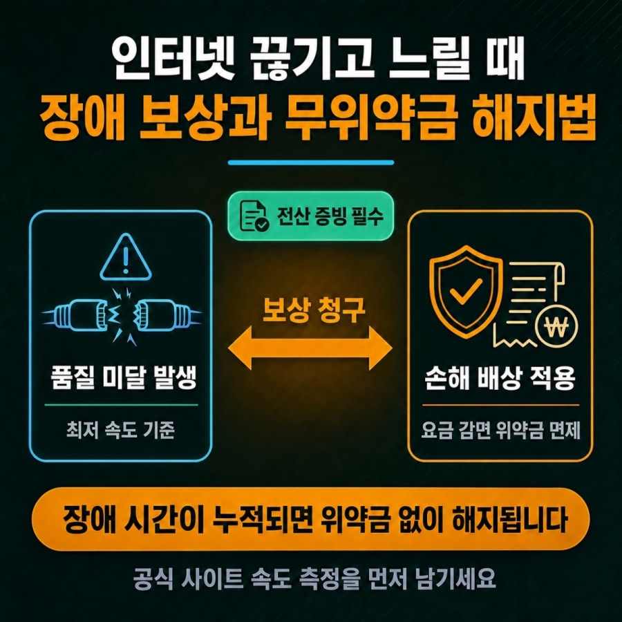 인터넷 잦은 끊김과 장애 보상 청구 기준 (SLA 최저보장속도 미달과 무위약금 해지 팁)