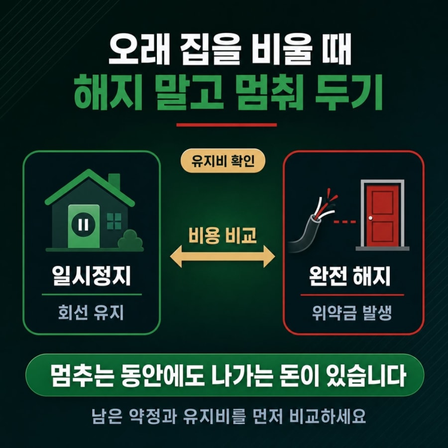 두 달 넘게 집을 비우는데 인터넷은 어떻게 하나요? (일시정지 조건과 유지비 비교)