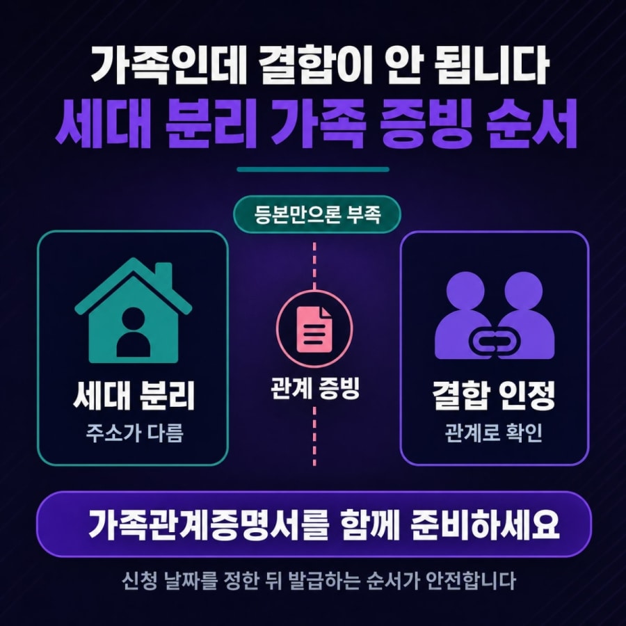 가족인데 결합이 안 된다고 합니다 (세대 분리 상태에서 가족 증빙하는 순서)