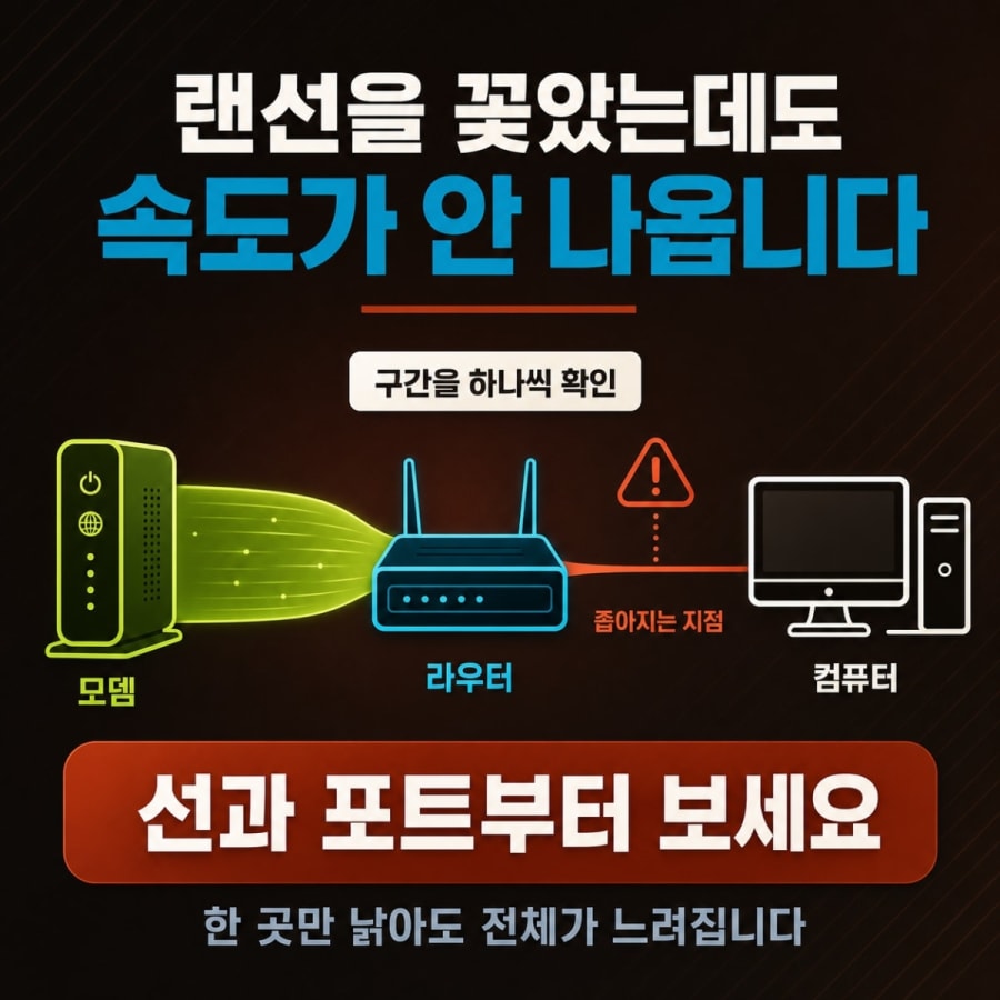 랜선을 꽂았는데도 속도가 안 나옵니다 (기가 상품에서 깎이는 유선 구간 찾기)