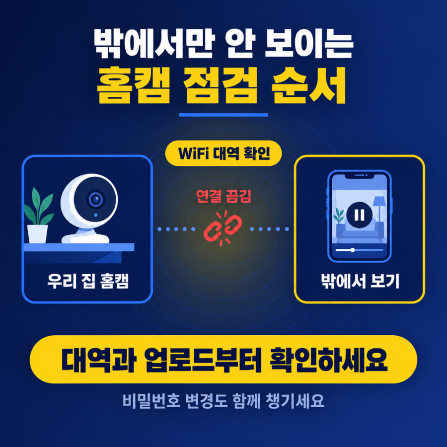 홈캠이 밖에서만 안 보입니다 (WiFi 대역·업로드·비밀번호 순서로 점검하기)