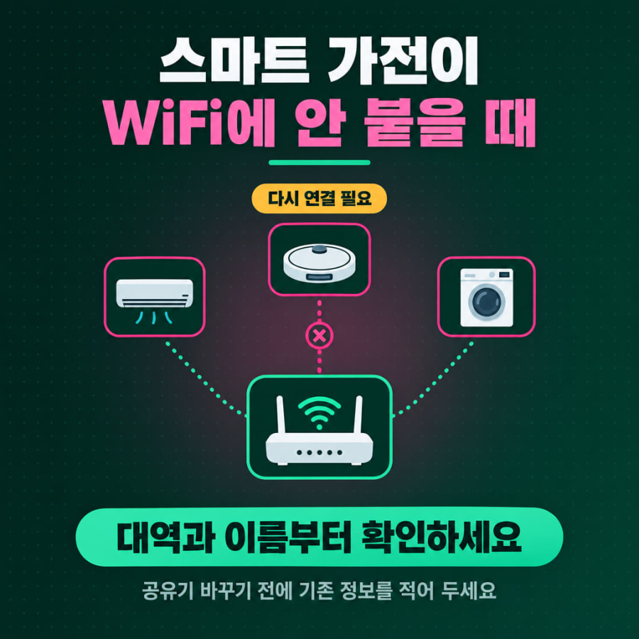 스마트 가전이 WiFi에 안 붙습니다 (공유기 바꾼 뒤 재연결과 등록 실패 원인 정리)