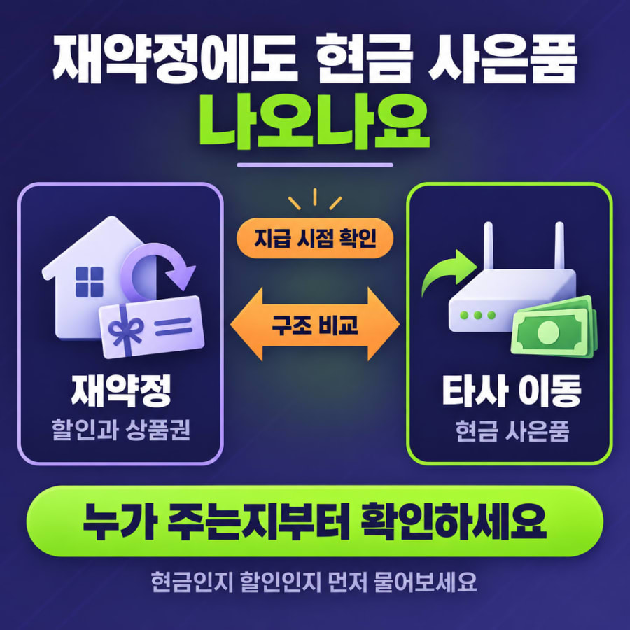 인터넷 재약정 사은품 현금 지급, 재약정에도 나오나요? (같은 통신사 재약정과 타사 이동의 사은품 구조·지급 시점 차이)