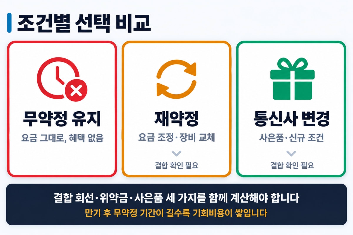 무약정 유지·재약정·통신사 변경 조건별 선택 비교 카드