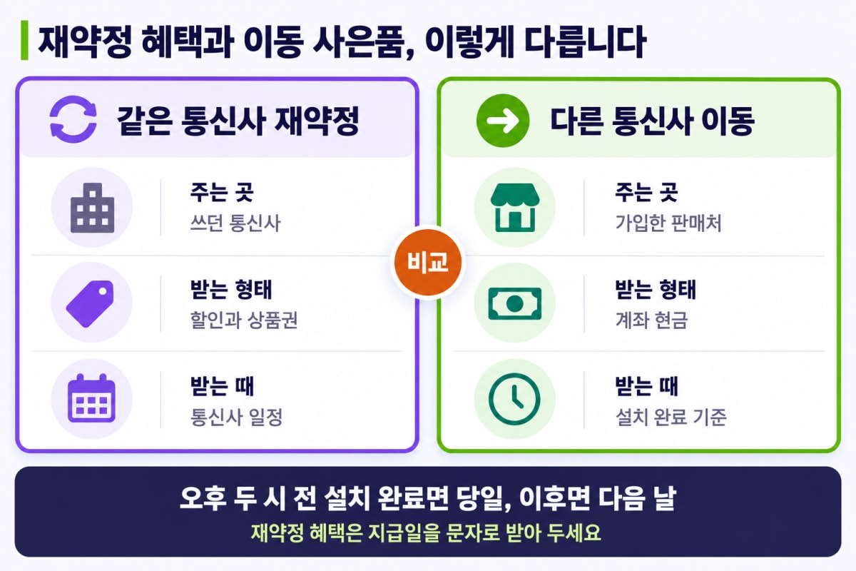 같은 통신사 재약정과 타사 이동의 사은품 지급 구조 비교