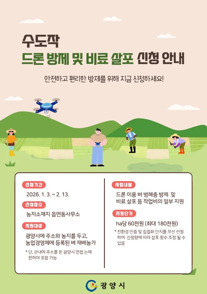 광양시, 수도작 드론 방제·비료 살포 지원사업 추진 - 행정 뉴스 | 코리아NEWS