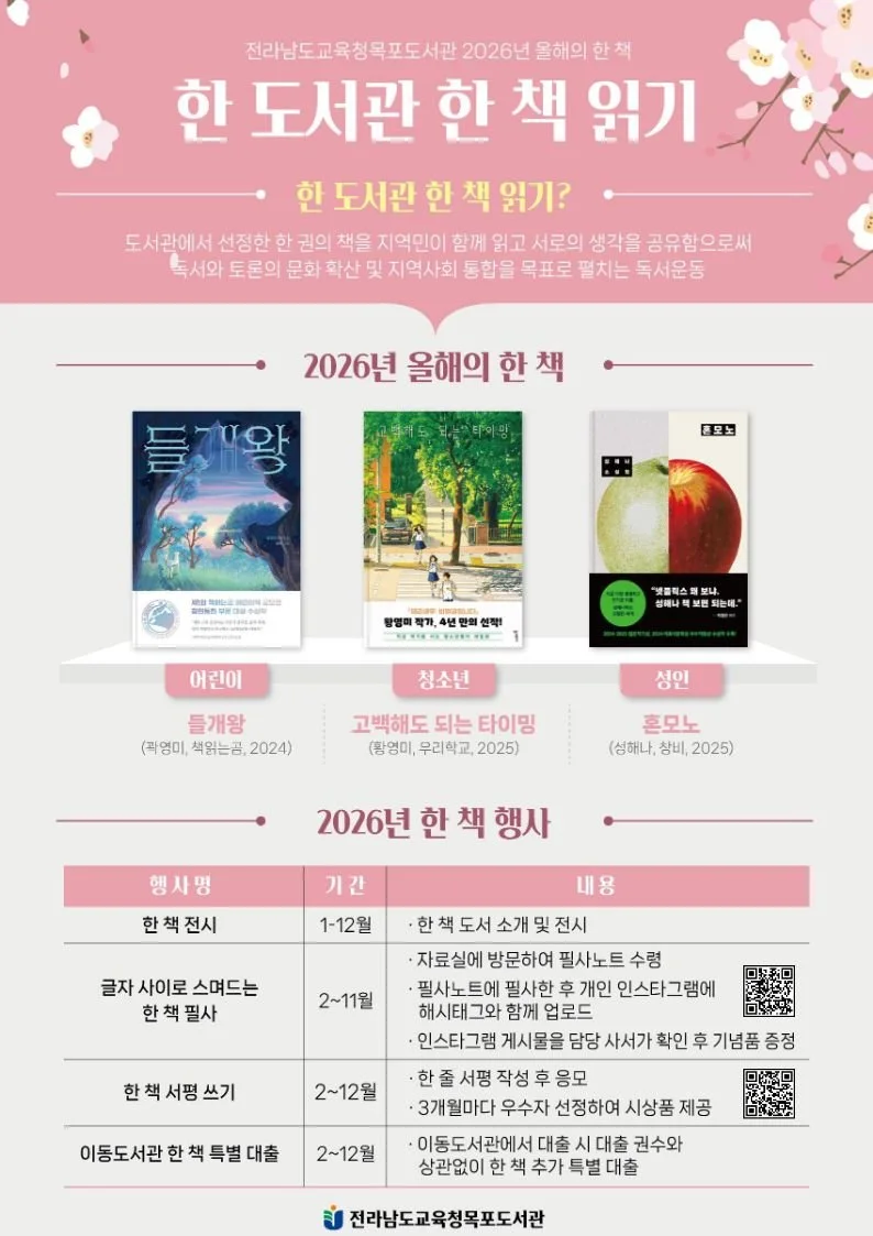 목포도서관, 2026년 ‘한 도서관 한 책 읽기’ 다채로운 행사 운영