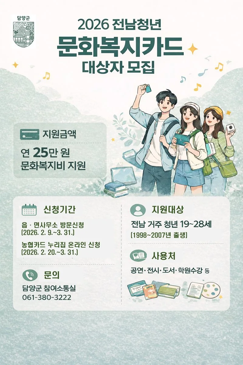 담양군, 청년 문화복지비 연 25만 원…2월 9일부터 신청