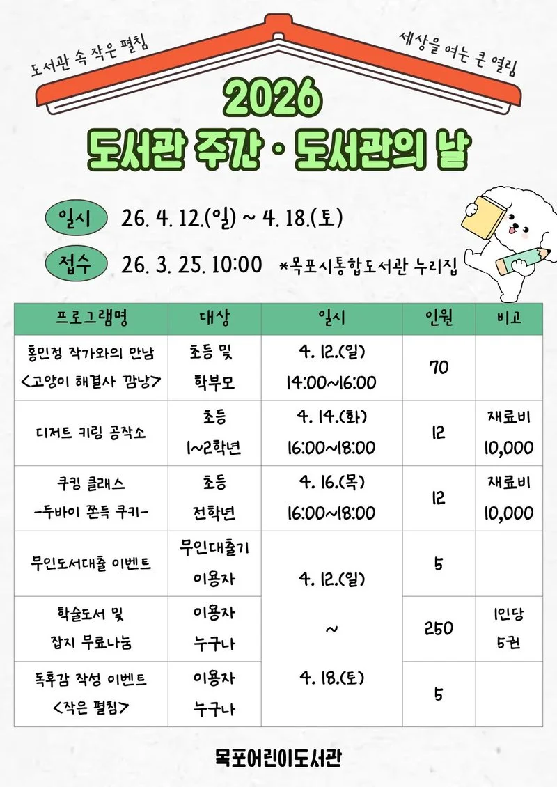 목포어린이도서관, 2026 도서관의 날·도서관 주간 행사 운영
새로운글 - 문화 뉴스 | 코리아NEWS