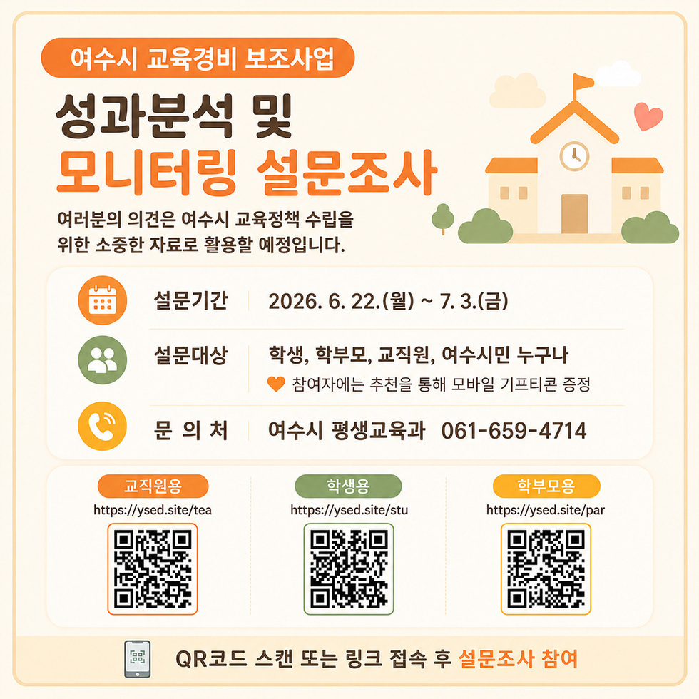 여수시, 실효성 있는 교육지원 정책 수립 위해 시민 대상 설문조사 실시