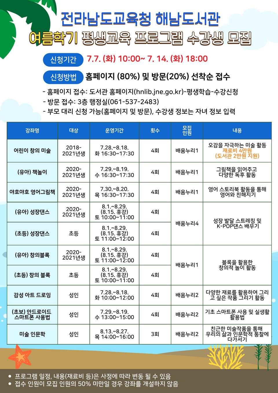 해남도서관, 여름학기 평생교육 프로그램 수강생 모집