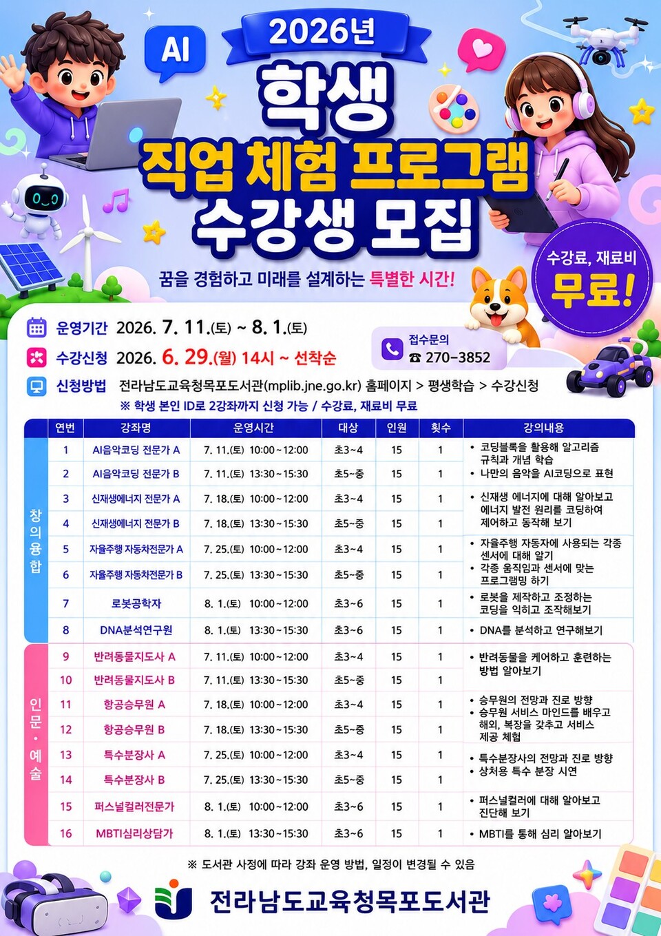 미래 직업 탐색! 목포도서관, 청소년 대상 진로 체험 모집