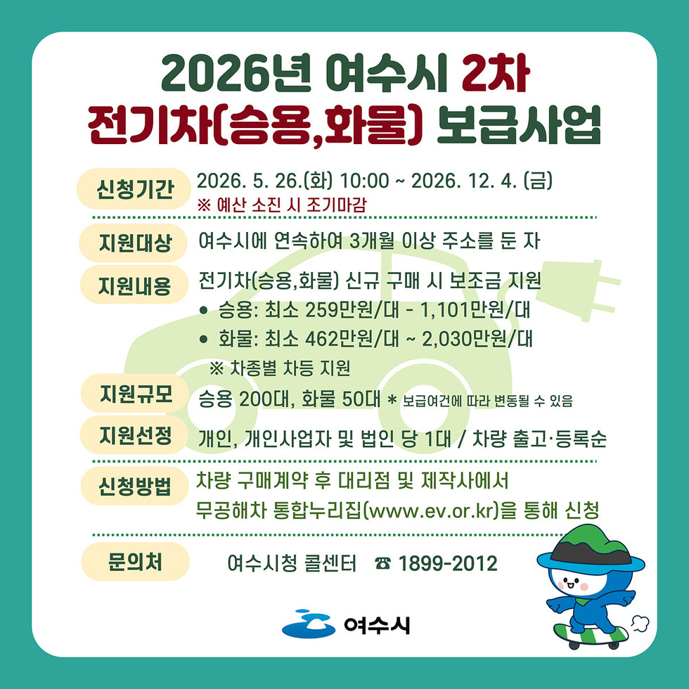 여수시, 고유가 대응 전기차 보조금 5월 조기 지원