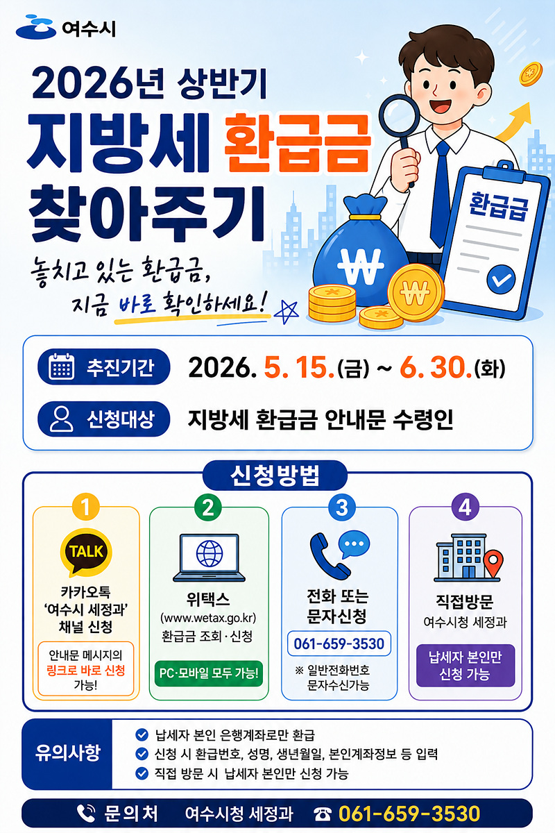 여수시, 9천만원 환급금 찾아드려요…지방세 미환급금 조회 신청