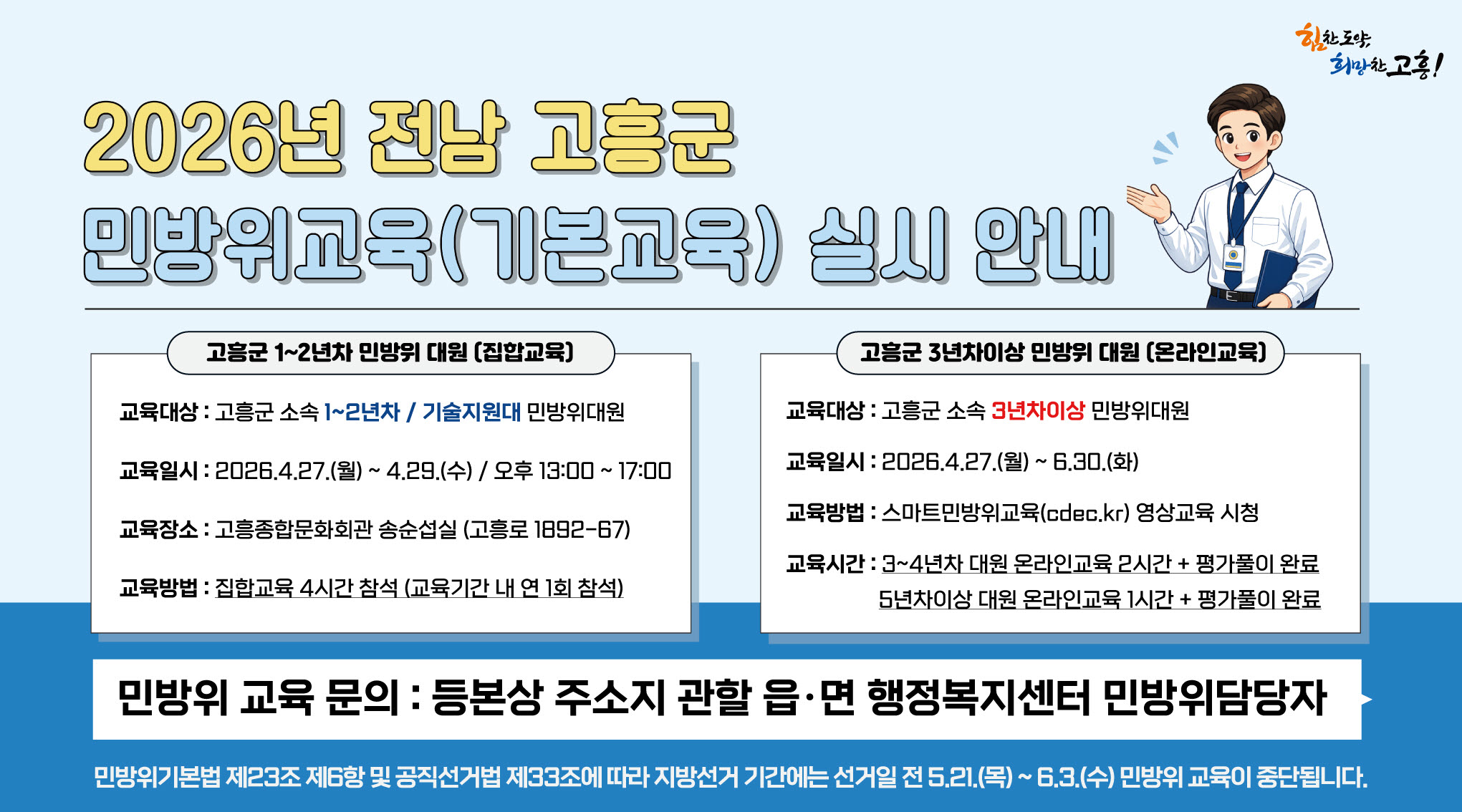 고흥군, 2026년 상반기 민방위 기본교육 실시…미이수 시 과태료