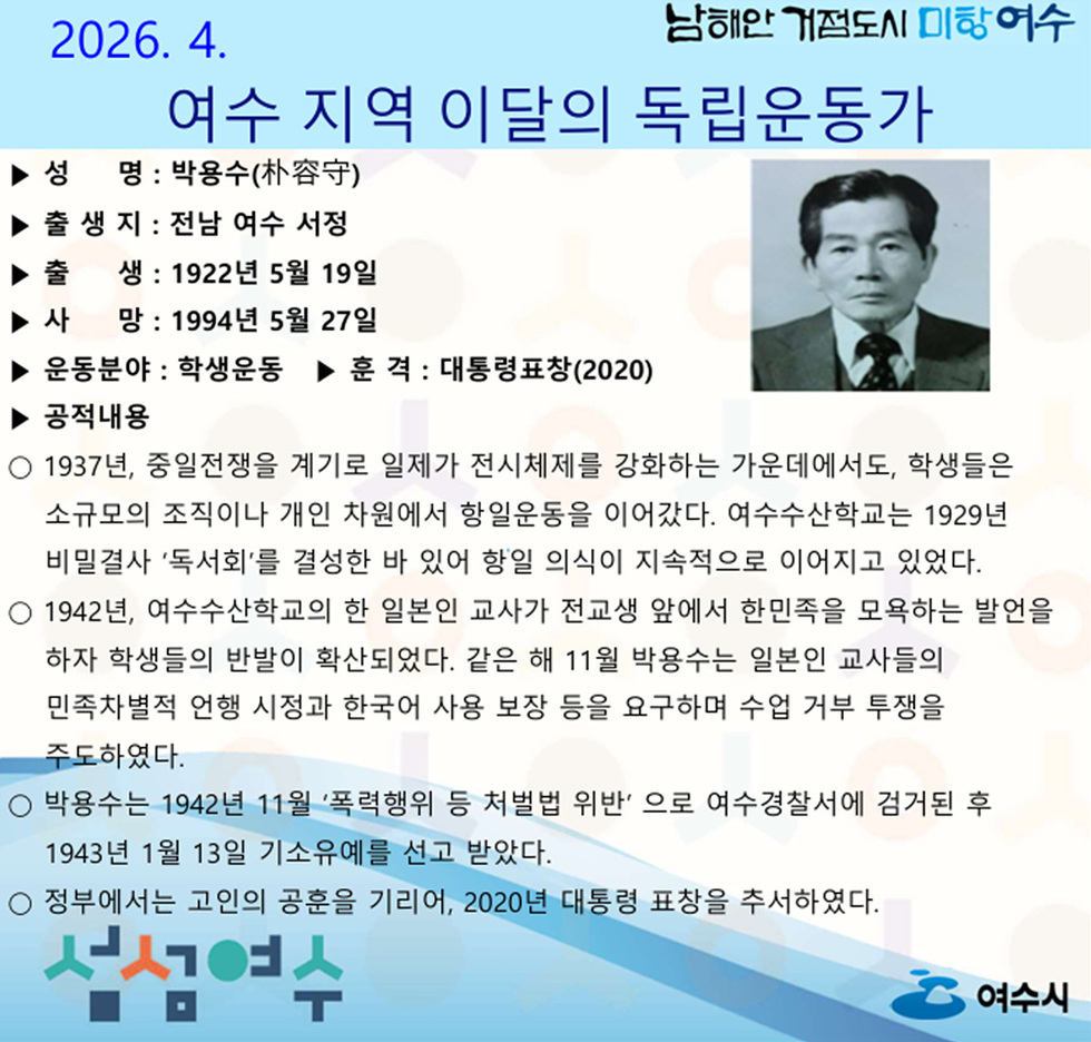 독립정신 되새기는 여수… 2026년 4월의 독립운동가 ‘박용수’ 선생 선정