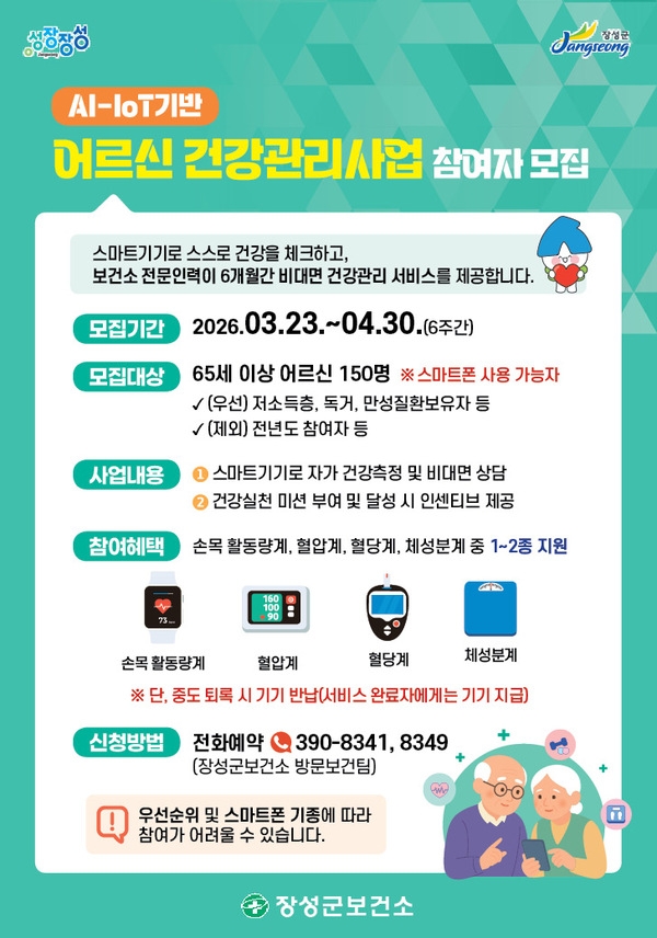 장성군, 65세 이상 어르신 대상 ‘AI-IoT 스마트 워치’ 건강관리 지원