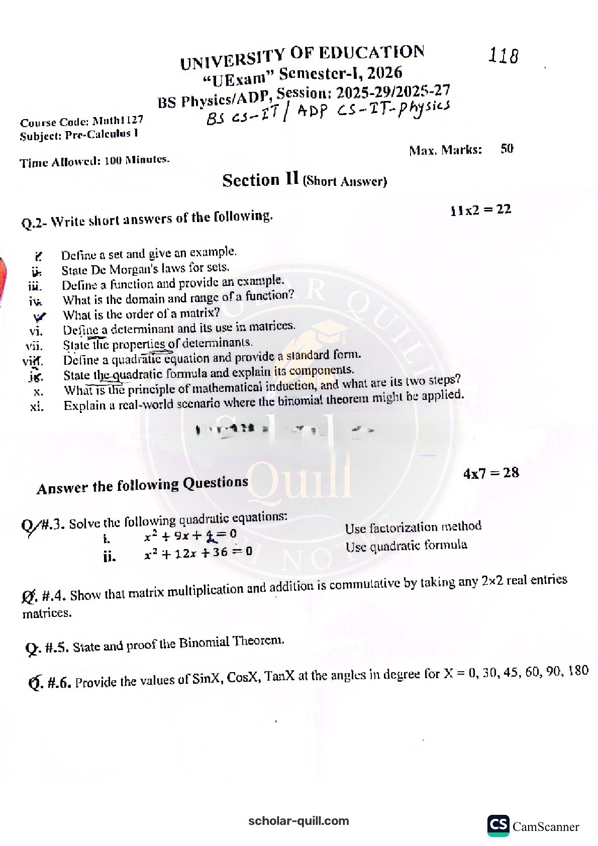 Pre-Calculus I — 2026 All Programs