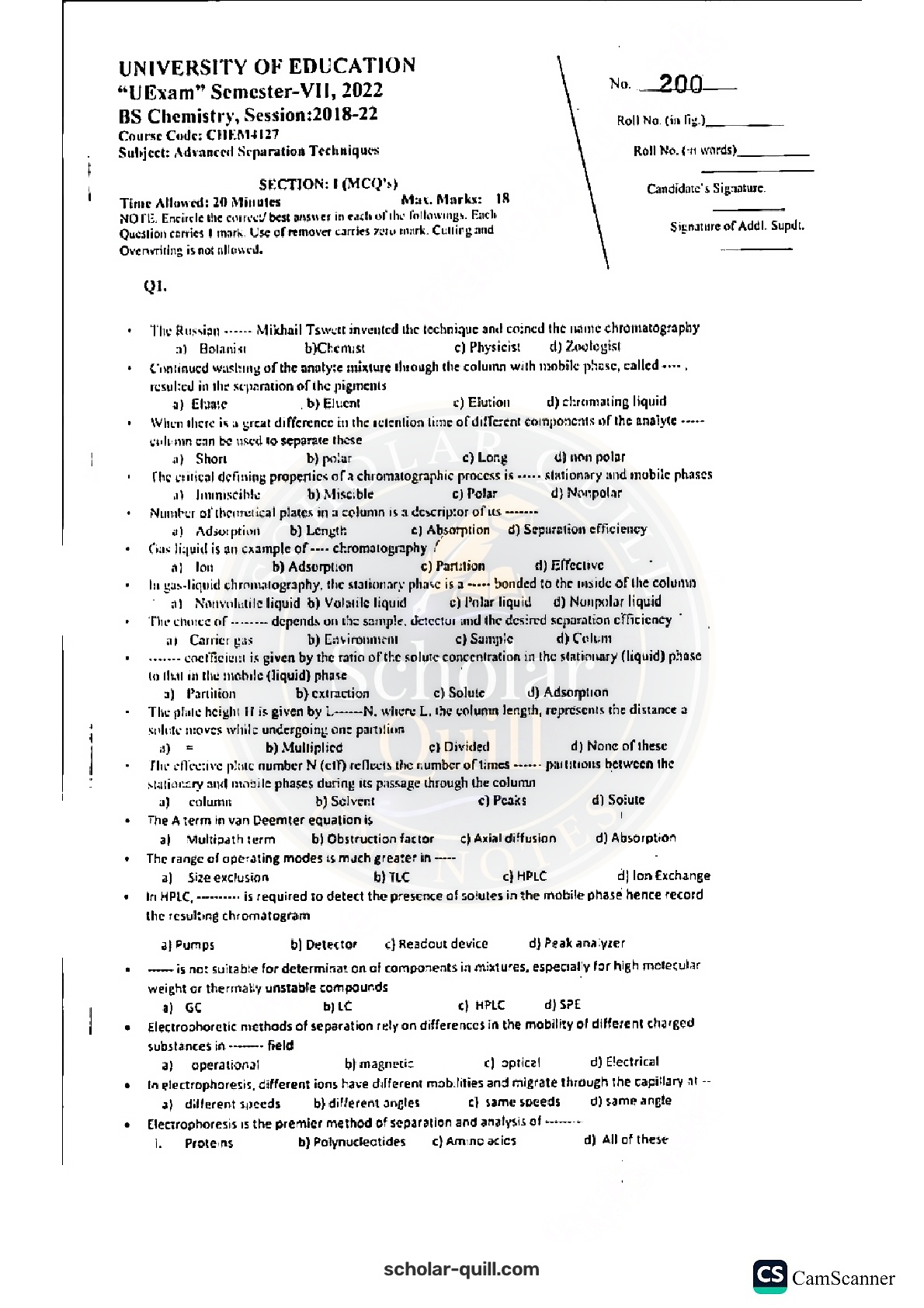 Advanced Separation Techniques — 2022 BS Chemistry
