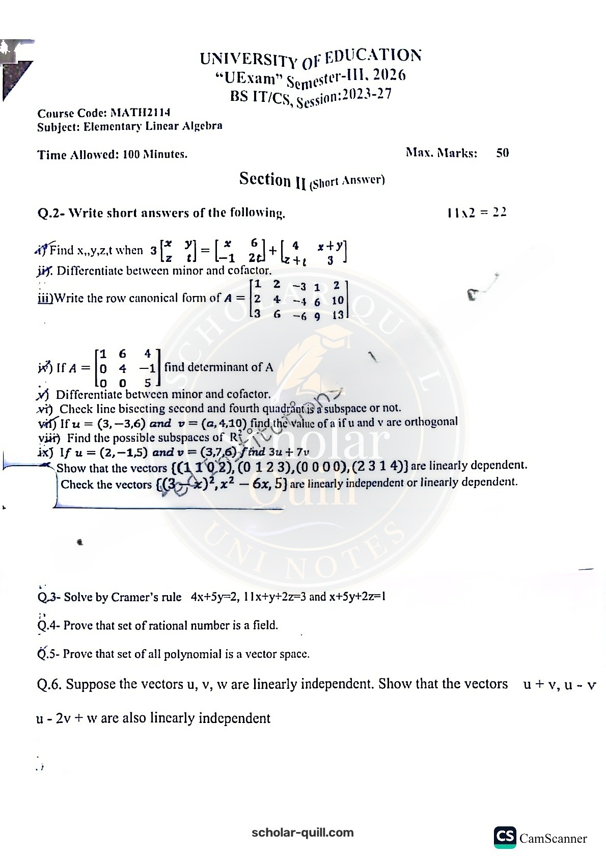Elementary Linear Algebra — 2026 BSIT, BSCS